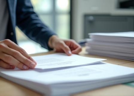 Document copies being collated by a staff member