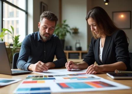 Design consultant reviewing brochure drafts with client